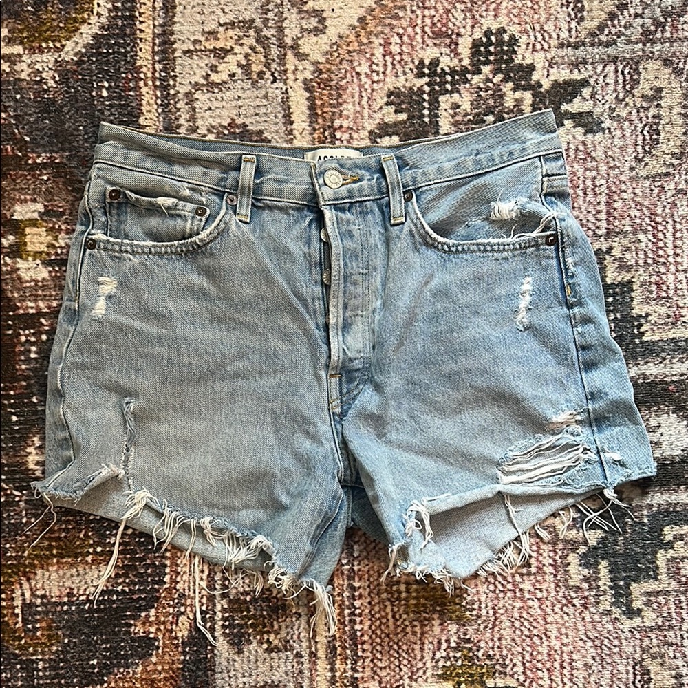 Agolde Parker long Blue Jean Shorts Distressed Cut-Off Style